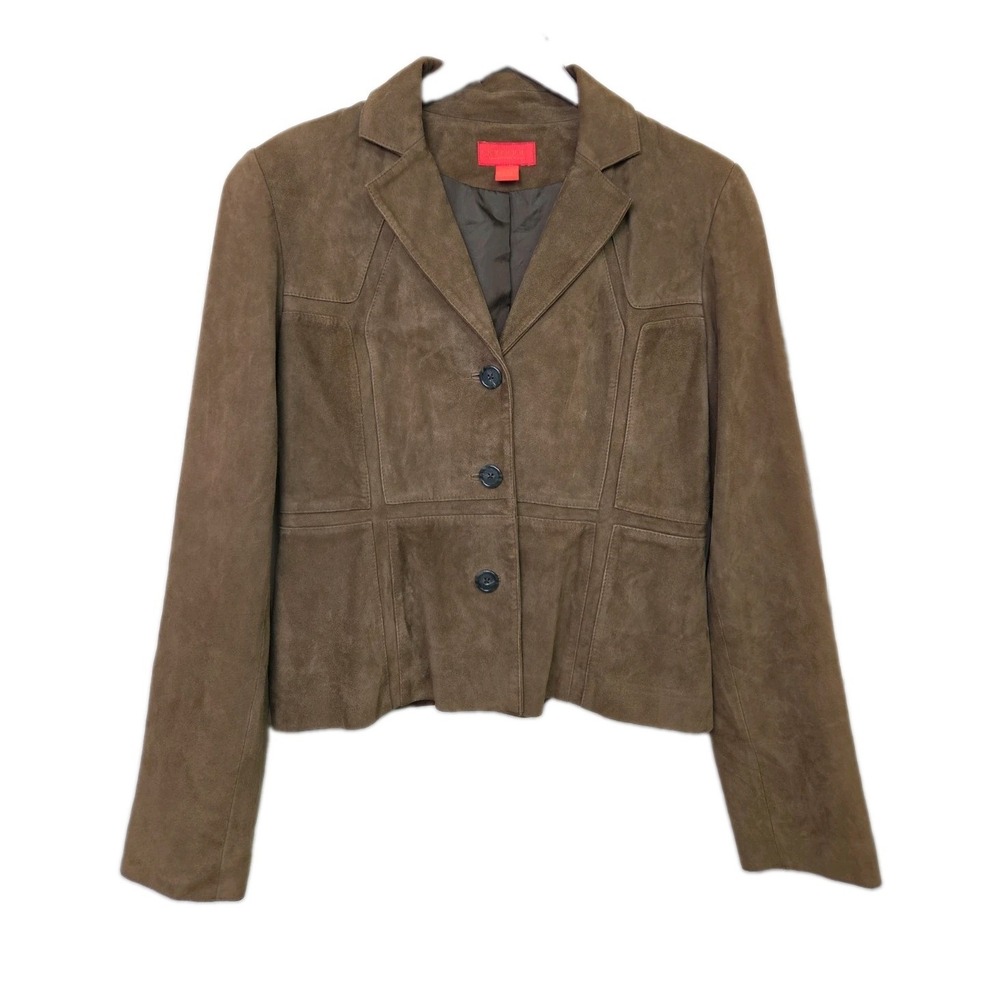 Vtg 90s Y2K Elements Vakko Jacket Womens Size L  100% Suede Leather Crop Panels
